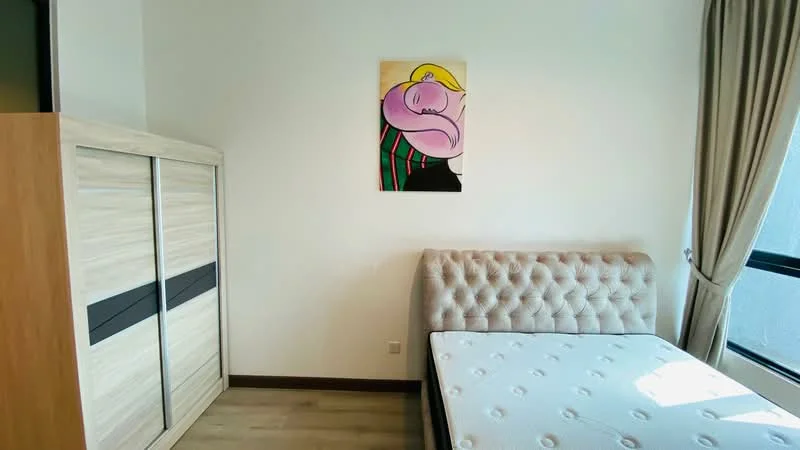 Bedroom features: queen-size bed, upholstered headboard, wooden wardrobe with sliding doors, artwork on wall, laminate flooring, floor-to-ceiling window, curtains, decorative wall, neutral wall color; style: modern.