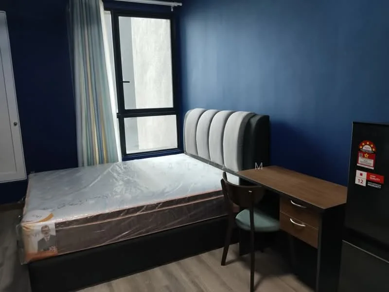 Bedroom features: queen-size bed with upholstered headboard, blue painted walls, floor-to-ceiling window, curtains, wooden flooring, study desk with chair, nightstand with drawer, refrigerator; style: modern.