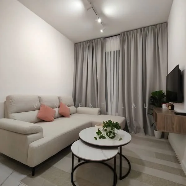 Living features: light grey fabric sofa, 2 pink decorative cushions, round coffee table with marble top, small round side table, wall-mounted TV, wooden TV console, floor-to-ceiling curtains in light grey, indoor plant in ceramic pot, recessed ceiling lights, neutral painted walls, tile flooring; style: modern.