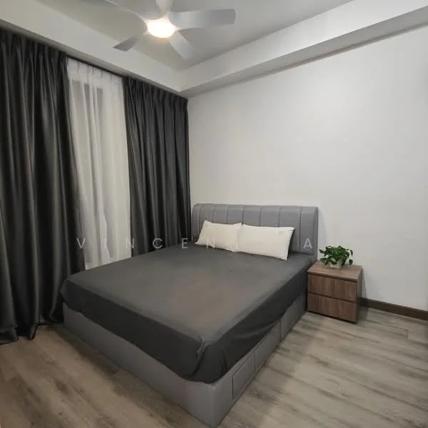 Bedroom features: queen-size bed with grey upholstered headboard, grey bedspread, 2 white pillows, nightstand with wooden finish, houseplant in ceramic pot, floor-to-ceiling window with sheer curtains, dark grey curtains, wooden flooring, 5-blade ceiling fan with light; style: modern.