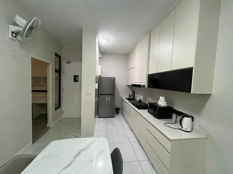 Kitchen features: white cabinetry, black countertop, stainless-steel fridge, built-in stove, black oven, white kettle, white microwave, marble tile flooring, wall-mounted split AC, dining table with marble top, grey dining chairs, recessed downlights; style: modern.