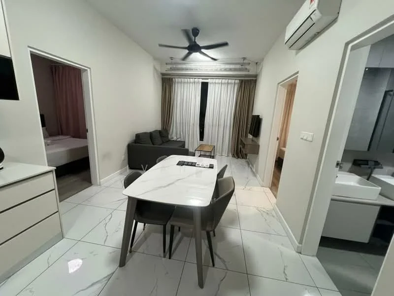 Living features: marble tile flooring, white painted walls, 5-blade ceiling fan with light, sofa in grey fabric, dining table with marble top, 4 dining chairs, wall-mounted TV, curtains in beige, air conditioning unit, decorative wall art; style: modern. Room features: white painted walls, doorway leading to bedroom, doorway leading to bathroom.