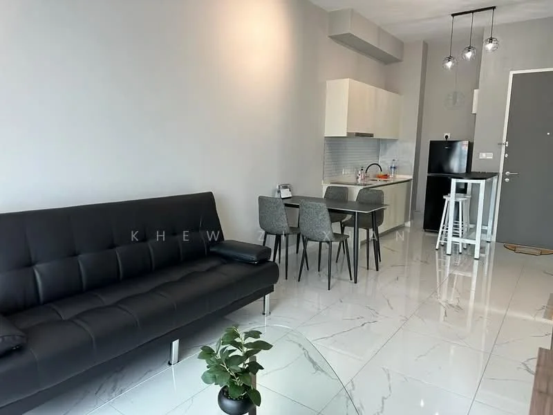 Living features: black leather sofa, white marble tile flooring, grey painted walls, pendant lighting with multiple bulbs, small indoor plant, wall-mounted TV, open layout to kitchen, area rug; style: modern. Kitchen features: white cabinetry, stainless-steel fridge, grey backsplash, single-bowl stainless-steel sink, chrome pull-down faucet, 4-burner gas hob, built-in oven, bar stools; style: modern.