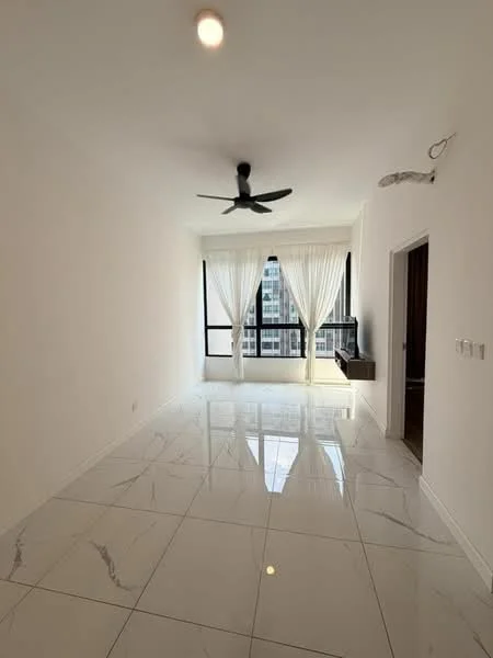 Living features: white painted walls, polished marble tile flooring, 5-blade ceiling fan, floor-to-ceiling windows, sheer curtains, natural light, TV console, city view; style: modern; view: city.