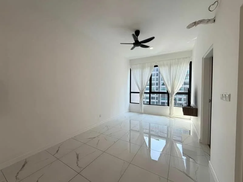 Living features: white painted walls, marble tile flooring, 5-blade ceiling fan, floor-to-ceiling windows, sheer curtains, natural light, window with city view, light-colored trim; style: modern; view: city.