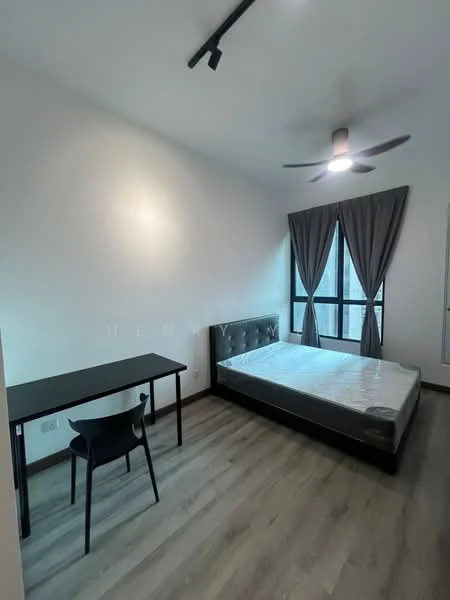 Bedroom features: queen-size bed, upholstered headboard, study desk, black chair, floor-to-ceiling windows, grey curtains, 5-blade ceiling fan with light, laminate flooring, white painted walls; style: modern.