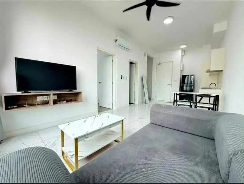 Living features: 3-seater fabric sofa in grey, marble coffee table with gold legs, wall-mounted TV, TV console, recessed downlights, 1 wall-mounted split AC, floor-to-ceiling windows, white painted walls, ceramic tile flooring, ceiling fan; style: modern. Kitchen features: stainless-steel fridge, built-in kitchen cabinets, countertop, kitchen island with seating; style: modern.