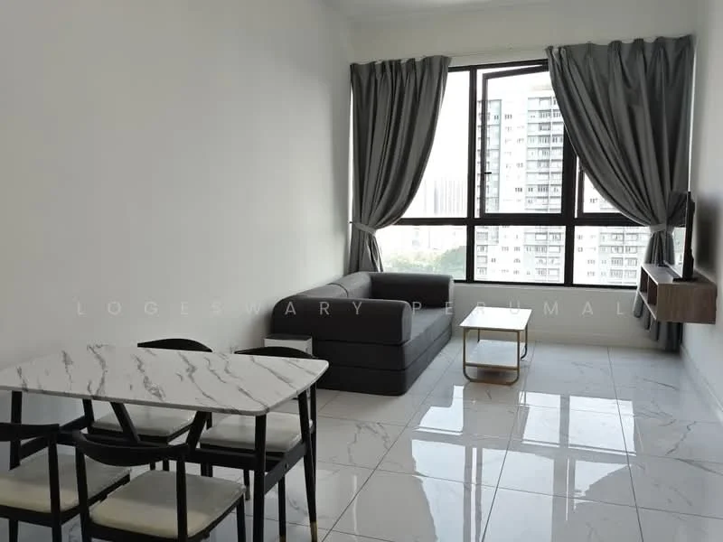 Living features: grey fabric sofa, marble-top coffee table, 4-seater dining table with black chairs, white painted walls, large windows with city view, curtains in grey, glossy white tile flooring, wall-mounted TV console; style: modern; view: city.