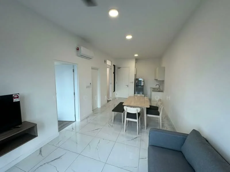 Living features: white painted walls, marble tile flooring, 5-blade ceiling fan with light, wall-mounted TV, sofa in grey, dining table with 4 chairs, refrigerator, kitchen cabinetry, kitchen countertop, open layout, doorway to other rooms; style: modern.