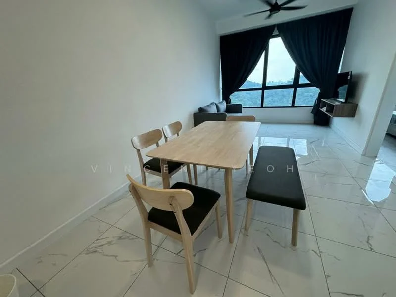 Dining features: rectangular wooden dining table, 4 wooden dining chairs, bench seating, floor-to-ceiling windows, blackout curtains, marble tile flooring, ceiling fan, wall-mounted TV, light-colored walls; style: modern; view: city.