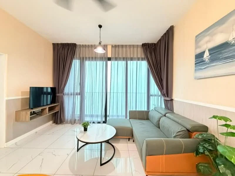 Living features: L-shape sectional sofa in green and orange, round coffee table with black metal base, wall-mounted TV, light-colored walls, floor-to-ceiling windows, sheer curtains, dark grey curtains, ceiling fan, marble tile flooring, decorative wall art with nautical theme, indoor plant in ceramic pot; style: modern.