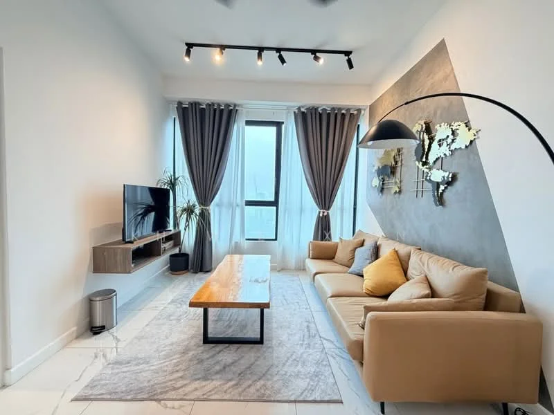 Living features: 3-seater leather sofa in beige, yellow decorative cushions, wood coffee table, area rug with geometric pattern, wall-mounted TV, TV console with storage, floor-to-ceiling windows, sheer curtains, grey accent wall, track lighting, indoor plant, decorative wall art; style: modern; view: city.