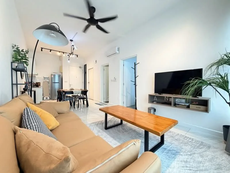 Living features: 3-seater fabric sofa in beige, wood coffee table, area rug with geometric pattern, wall-mounted TV, TV console, floor lamp, ceiling fan, potted plant, decorative wall shelf, dining table with chairs in background, white painted walls, tile flooring; style: modern.