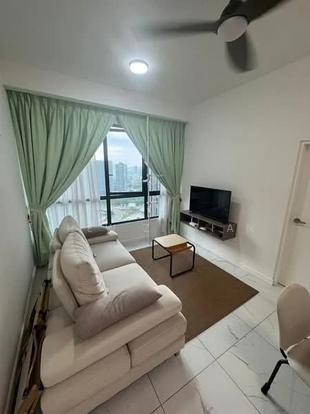 Living features: 3-seater fabric sofa in cream, coffee table with black metal legs, area rug in brown, floor-to-ceiling windows, curtains in light green, wall-mounted TV, ceiling fan with light, marble tile flooring, white painted walls; style: modern; view: city.