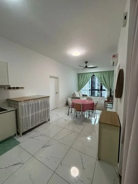 Dining features: white painted walls, marble tile flooring, 5-blade ceiling fan with light, round dining table with red and white checkered tablecloth, 4 upholstered dining chairs, floor-to-ceiling windows with green curtains, sofa in neutral color, side table, open kitchen area with cabinetry; style: modern; view: city.