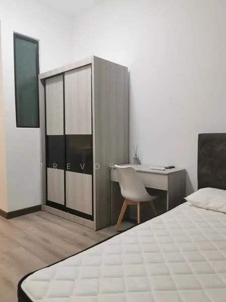 Bedroom features: queen-size bed, upholstered headboard, wooden wardrobe with sliding doors, study desk, white chair, laminate flooring, white painted walls, window with green frame; style: modern.
