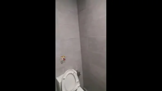Bathroom features: grey tile walls, white toilet, toilet paper holder, small wall sticker, floor tile, corner space, minimalist design; style: modern.