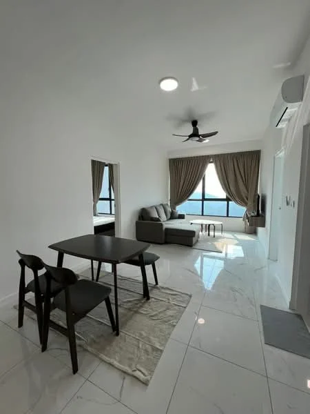 Living features: grey fabric sofa, coffee table, 3-blade ceiling fan, floor-to-ceiling windows, sheer curtains, white painted walls, marble tile flooring, area rug, dining table with 2 chairs, wall-mounted air conditioning unit; style: modern; view: sea.