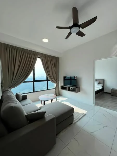 Living features: grey fabric sofa, round coffee table, floor-to-ceiling windows, sheer curtains, 5-blade ceiling fan with light, wall-mounted TV, TV console, marble tile flooring, recessed downlights, neutral painted walls; style: modern; view: city. Room features: doorway leading to another room, wood flooring visible in adjacent room.