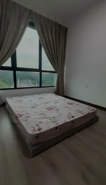 Bedroom features: queen-size bed with floral mattress, floor-to-ceiling windows, curtains, light wood flooring, plain white walls, mountain view; style: modern; view: mountain.