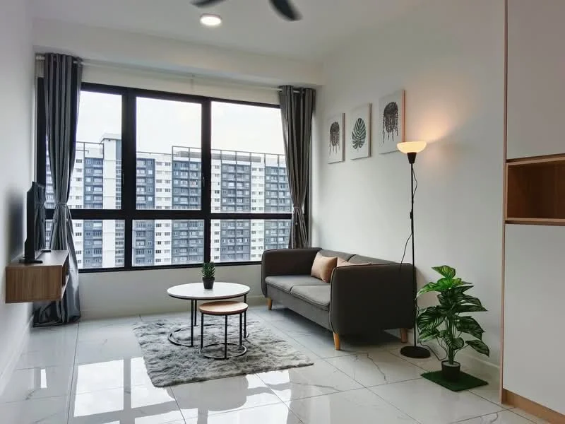 Living features: grey fabric sofa, round coffee table, area rug, floor lamp, wall-mounted TV, TV console, large floor-to-ceiling windows, curtains, decorative plant, framed artwork on walls, marble tile flooring, ceiling fan with light; style: modern; view: city.
