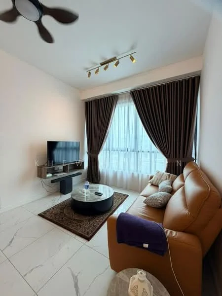 Living features: 3-seater leather sofa in brown, coffee table with circular top, wall-mounted TV, TV console, floor-to-ceiling windows, sheer curtains, blackout curtains, recessed LED downlights, 5-blade ceiling fan, marble tile flooring, decorative area rug, decorative lamp; style: modern; view: city.