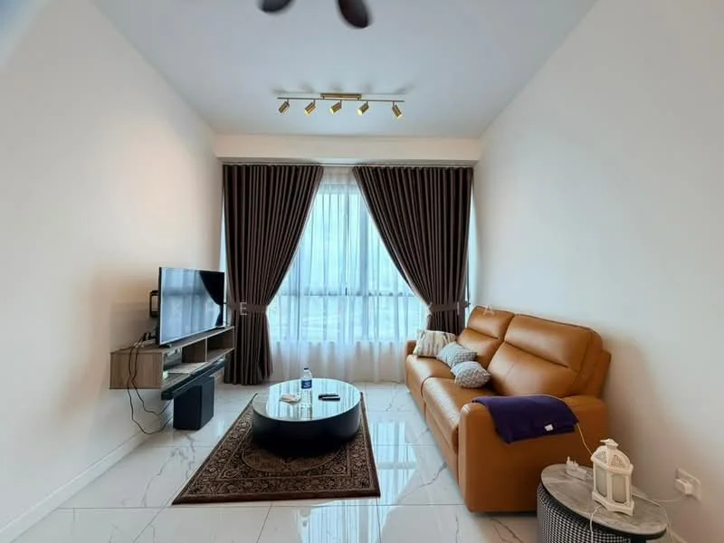Living features: 3-seater leather sofa in brown, coffee table with round black top, TV console with wall-mounted TV, area rug with geometric pattern, floor-to-ceiling windows, sheer curtains, dark brown curtains, recessed LED downlights, ceiling fan; style: modern; view: city.