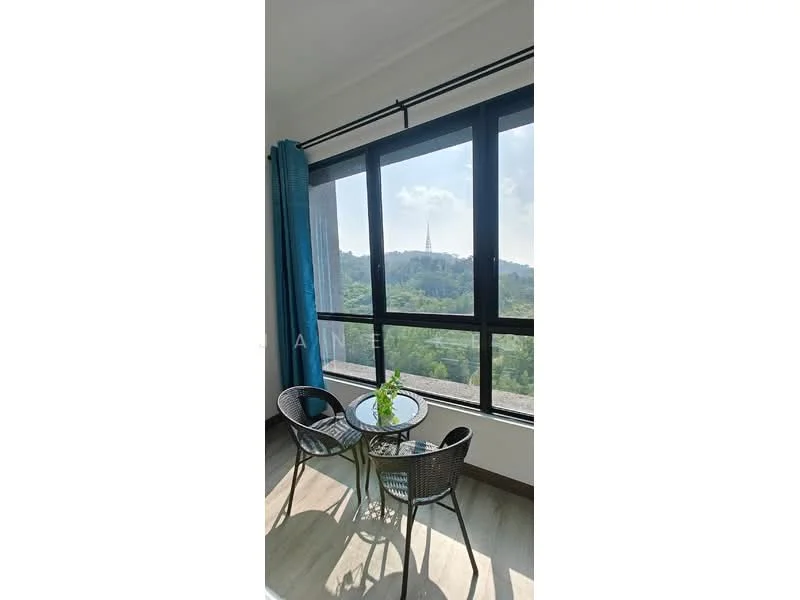 Room features: floor-to-ceiling windows, blue curtains, small round glass table, two black wicker chairs, wooden flooring, green plant on table, view of greenery and hills; style: modern; view: mountain.