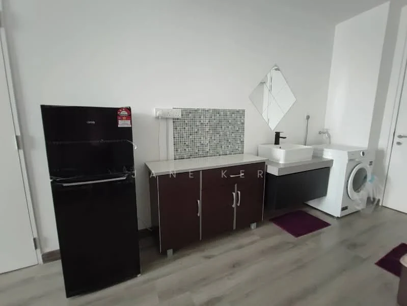 Room features: black fridge, dark wood cabinet, white countertop, mosaic tile backsplash, black faucet, white washing machine, grey laminate flooring, mirror on wall; style: modern.