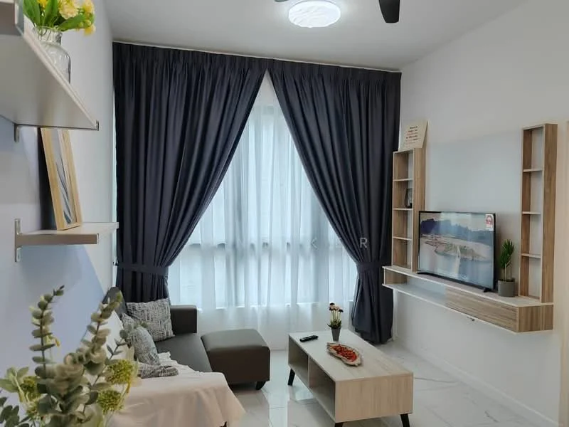 Living features: 3-seater fabric sofa in grey, coffee table, wall-mounted TV, TV console, floor-to-ceiling windows, sheer curtains, dark blue curtains, recessed downlights, decorative plant, wall-mounted shelf, decorative mirror, area rug with geometric pattern; style: modern.