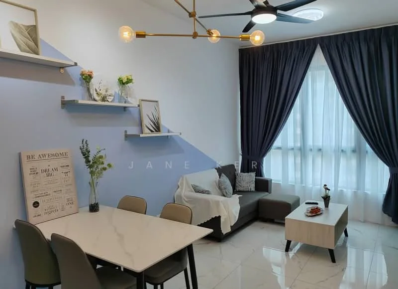 Living features: 3-seater fabric sofa in grey, coffee table, marble-top dining table, 4 dining chairs, floor-to-ceiling windows, sheer curtains, dark blue curtains, wall-mounted shelves, decorative wall art, ceiling fan with light, recessed ceiling lights, tile flooring, decorative plants; style: modern.