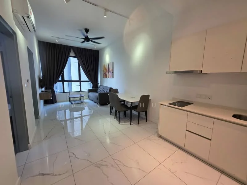 Living features: white painted walls, marble tile flooring, 5-blade ceiling fan with light, floor-to-ceiling windows, dark brown curtains, grey fabric sofa, dining table for four, kitchen cabinetry with flat-panel design, stainless-steel sink, built-in countertop, recessed downlights; style: modern.