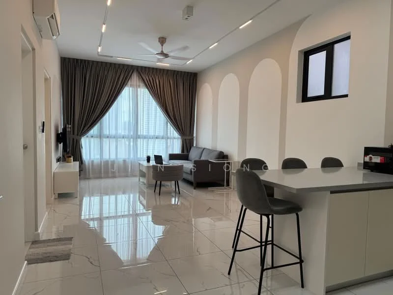 Living features: grey fabric sofa, 2-seater sofa, coffee table, TV console, wall-mounted TV, 5-blade ceiling fan with light, floor-to-ceiling windows, sheer curtains, white painted walls, marble tile flooring, recessed downlights, decorative wall arches, area rug; style: modern; view: city.