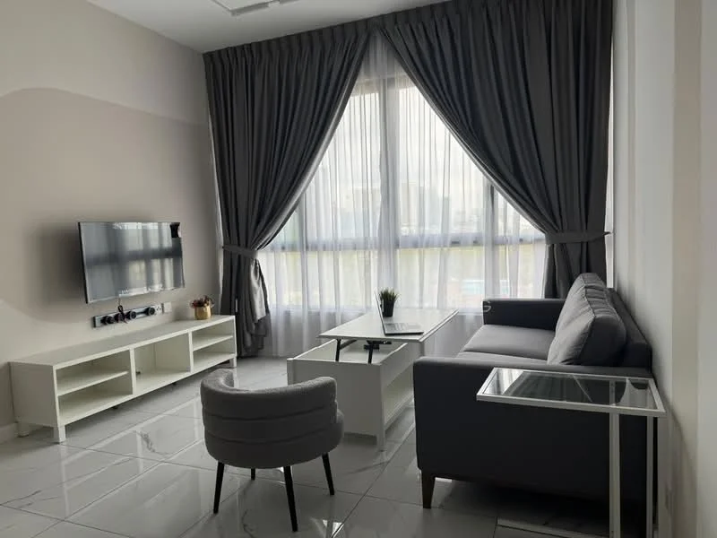 Living features: grey fabric sofa, glass coffee table, white TV console, wall-mounted TV, floor-to-ceiling windows, sheer curtains, dark grey curtains, polished tile flooring, decorative plant on table, accent chair in grey; style: modern; view: city.
