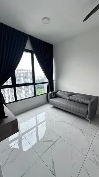 Living features: grey fabric sofa, floor-to-ceiling windows, blackout curtains, white painted walls, marble tile flooring, ceiling fan, natural light, city view; style: modern; view: city.