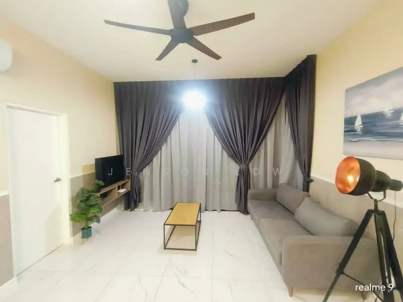 Living features: 3-seater fabric sofa in grey, wooden coffee table, wall-mounted TV, floor lamp with spotlight, ceiling fan, curtains in dark grey, marble tile flooring, decorative plant in ceramic pot, light fixture with bulb; style: modern.