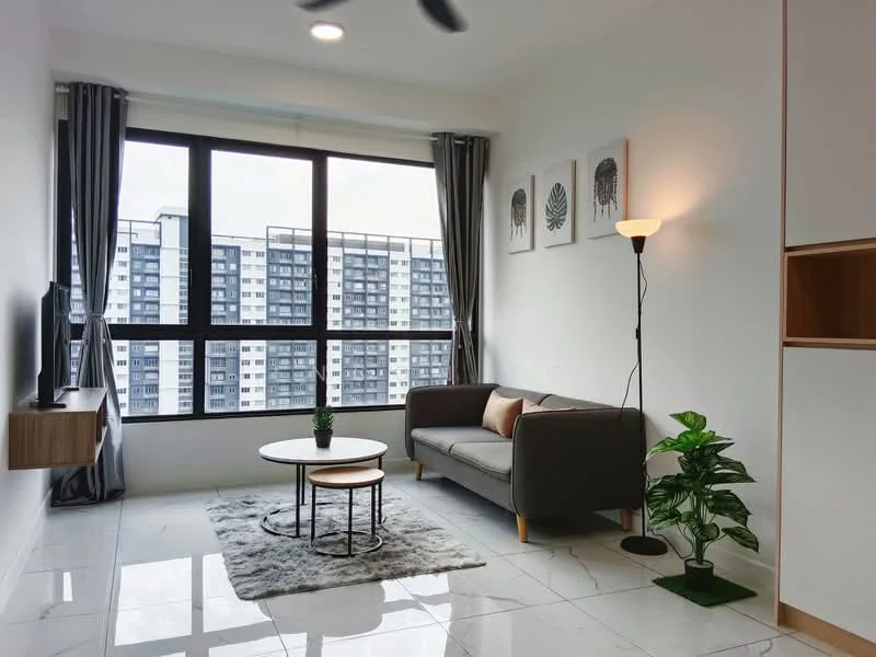 Living features: grey fabric sofa, round coffee table, area rug, floor lamp, wall-mounted TV console, large floor-to-ceiling windows, curtains, decorative plant, framed artwork on walls, marble tile flooring, ceiling fan with light; style: modern; view: city.