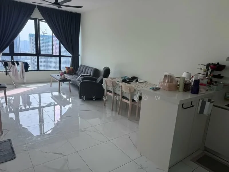 Living features: grey fabric sofa, 4-seater dining table, white dining chairs, floor-to-ceiling windows, white painted walls, polished marble tile flooring, ceiling fan, decorative cushions, coffee table, TV console, wall-mounted TV; style: modern; view: city. Kitchen features: white cabinetry, stainless-steel sink, built-in appliances, countertop with utensils; style: modern.