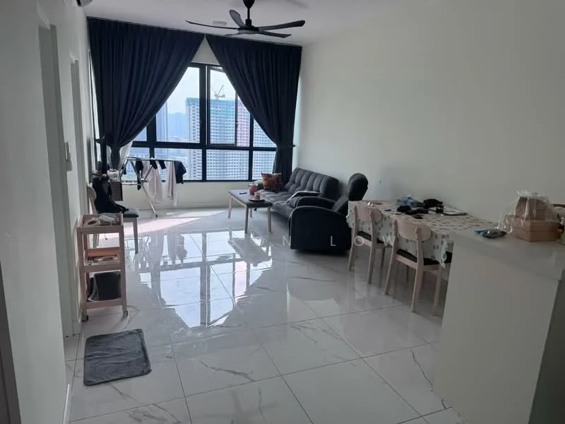 Living features: grey leather sofa, 4-seater dining table with pink chairs, floor-to-ceiling windows, blackout curtains, white painted walls, marble tile flooring, ceiling fan, decorative wall clock, area rug, TV console, laundry drying rack; style: modern; view: city.
