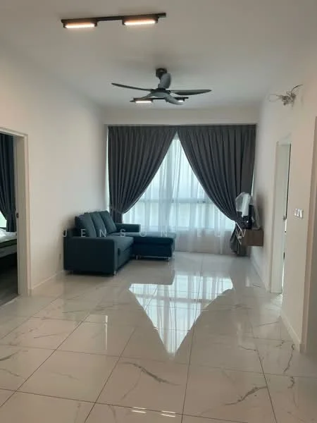 Living features: grey fabric sofa, chaise lounge, marble tile flooring, white painted walls, floor-to-ceiling windows, sheer curtains, dark grey curtains, 5-blade ceiling fan with light, decorative wall sconce, TV console, area rug; style: modern.