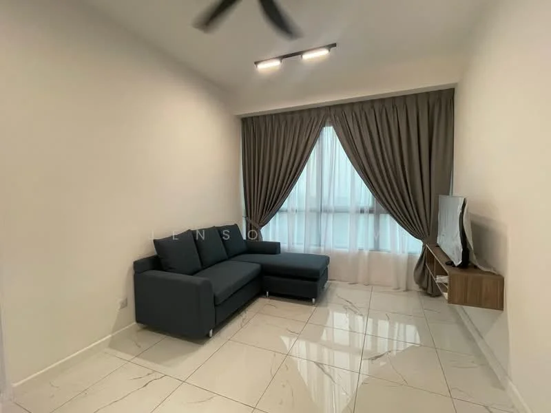 Living features: 3-seater fabric sofa in dark grey, floor-to-ceiling windows, sheer curtains, recessed LED downlights, wall-mounted TV, wooden TV console, white painted walls, polished ceramic tile flooring, ceiling fan; style: modern.