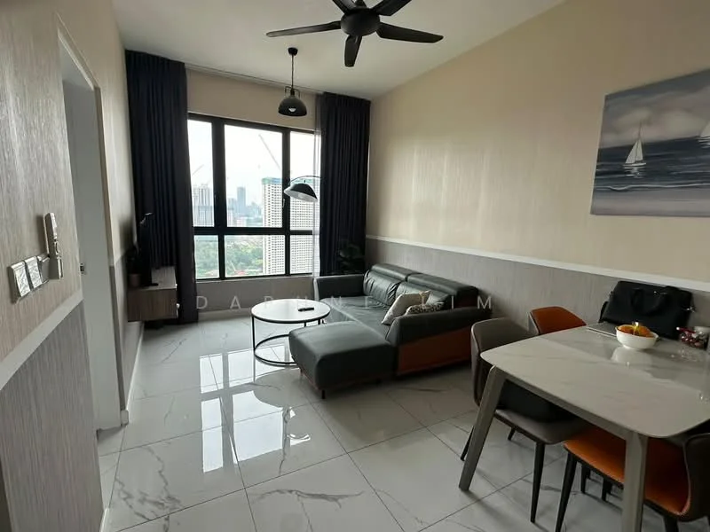 Living features: floor-to-ceiling windows, grey leather sectional sofa, round coffee table, wall-mounted TV, pendant lamp, recessed downlights, marble tile flooring, decorative wall art, curtains, dining table with chairs; style: modern; view: city.