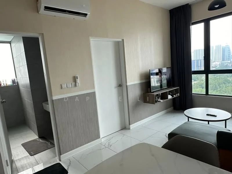 Living features: marble tile flooring, wall-mounted TV, wooden TV console, 2-seater sofa, coffee table, floor-to-ceiling windows, curtains, air conditioning unit; style: modern; view: city. Bathroom features: grey tiled walls, white sink, mirror, shower area, toilet, sliding door; style: modern.