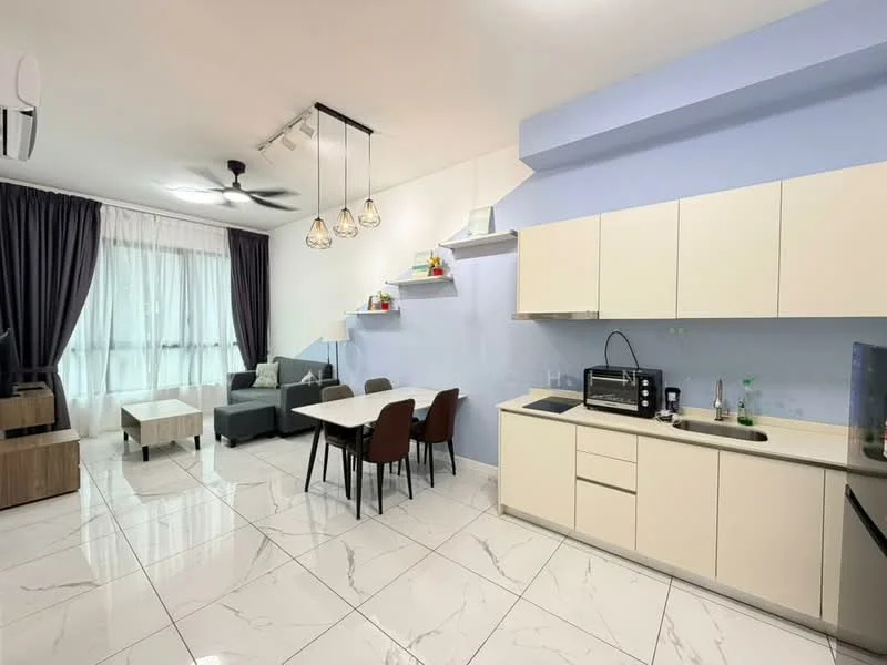 Living features: white painted walls, light blue accent wall, marble tile flooring, 5-blade ceiling fan with light, sofa in grey fabric, coffee table, dining table for 4, 4 dining chairs, TV console, wall-mounted TV, shelves with decorative items, floor-to-ceiling windows with sheer curtains; style: modern; view: city. Kitchen features: white cabinetry, stainless-steel sink, chrome pull-down faucet, built-in microwave, countertop with space for appliances, kitchen island, refrigerator; style: modern.