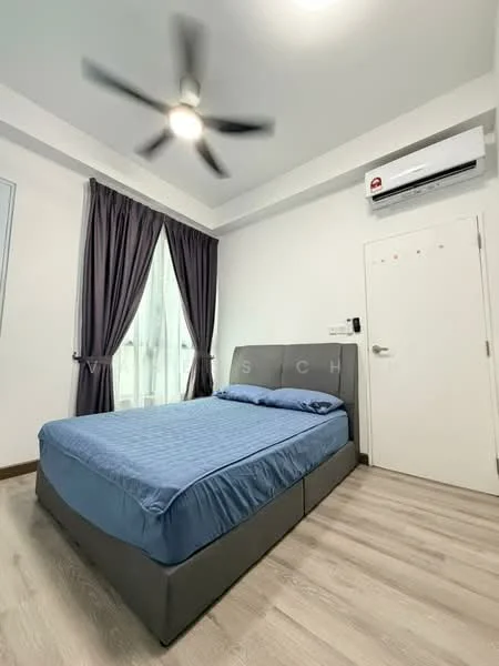 Bedroom features: king-size bed with grey upholstered base, blue bedspread, 5-blade ceiling fan with light, floor-to-ceiling windows, sheer curtains, dark grey curtains, wall-mounted split AC, light-colored laminate flooring, white painted walls, door with handle; style: modern.