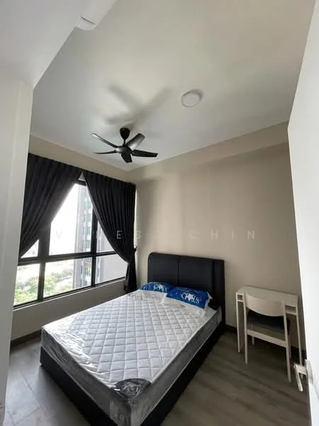 Bedroom features: queen-size bed, upholstered headboard, black bed frame, floor-to-ceiling windows, blackout curtains, 5-blade ceiling fan, light fixture on ceiling, wooden flooring, study desk, chair; style: modern; view: city.