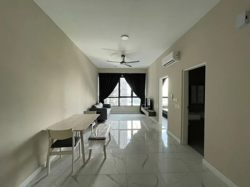 Living features: large floor-to-ceiling windows, blackout curtains, 5-blade ceiling fan, marble tile flooring, light beige painted walls, sofa, dining table with chairs, TV console, wall-mounted TV, air conditioning unit; style: modern; view: city. Room features: doorway leading to another room, doorway leading to bathroom, light beige painted walls, marble tile flooring.
