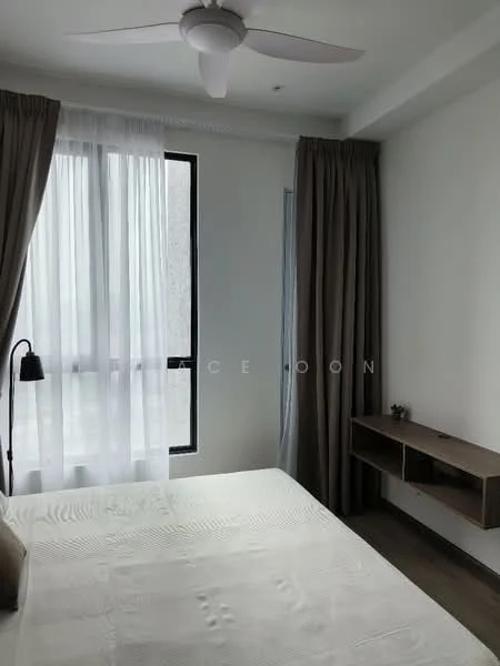 Bedroom features: queen-size bed, upholstered headboard, bedside lamp, wall-mounted shelf, floor-to-ceiling window, sheer curtains, dark brown curtains, wooden flooring, 5-blade ceiling fan with light; style: modern.