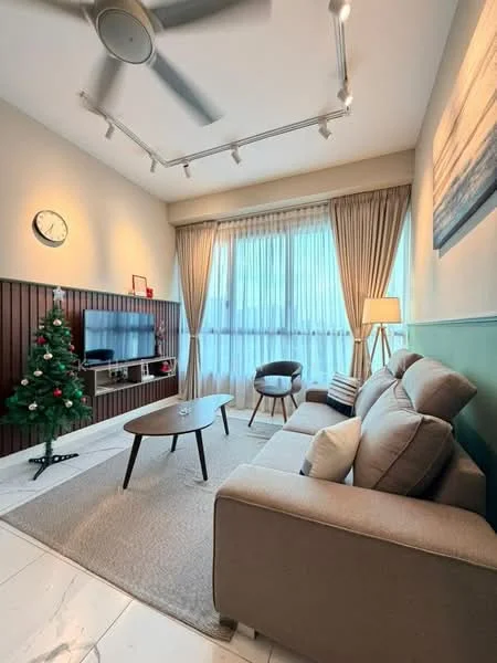 Living features: 3-seater fabric sofa in beige, coffee table, wall-mounted TV, TV console, area rug, floor-to-ceiling windows, sheer curtains, ceiling fan with light, decorative wall clock, green accent wall, wood paneling, lamp, Christmas tree; style: modern.