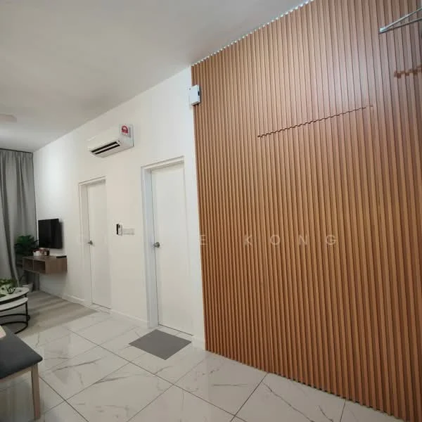 Room features: white painted walls, wood panel accent wall, marble tile flooring, 1 wall-mounted split AC, 2 doors, TV console, grey sofa, decorative plant, curtains, recessed downlights; style: modern.